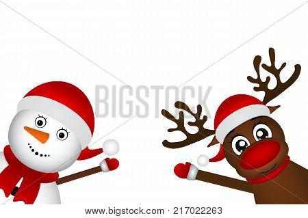 Snowman with reindeer standing on a white background, funny characters
