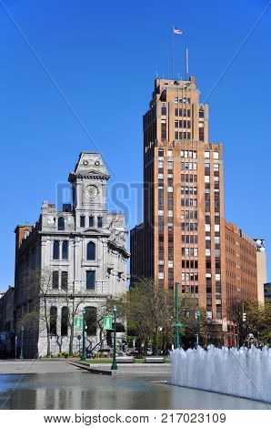 Gridley Building and State Tower Building in downtown Syracuse, New York State, USA. State Tower Building with Art Deco style building is still the tallest building in Syracuse.