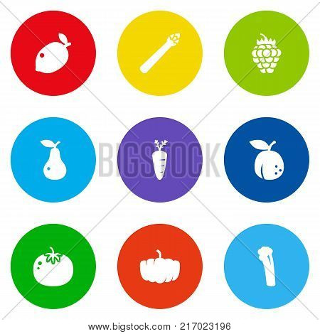 Collection Of Razz, Lime, Gourd And Other Elements.  Set Of 9 Fruit Icons Set.