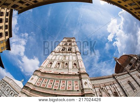 Wide angle view on the facade of the cathedral and campanille of Florence