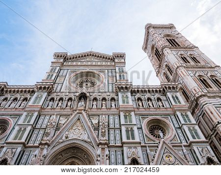 Exterior of the cathedral and campanille of Florence, offically called Basilica of Santa Maria del Fiore