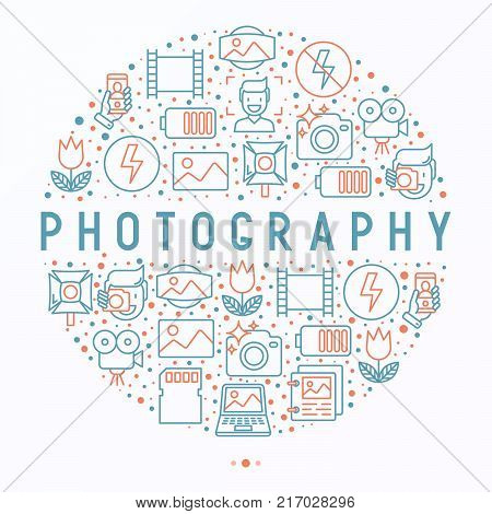 Photography concept in circle with thin line icons of photographer, film, crop, flash, focus, light, panorama. Vector illustration for banner, web page, print media.