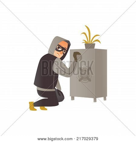 Thief in mask, burglar trying to break a safe, committing a crime, flat comic vector illustration isolated on white background. Thief, burglar in mask and black suit breaking a safe