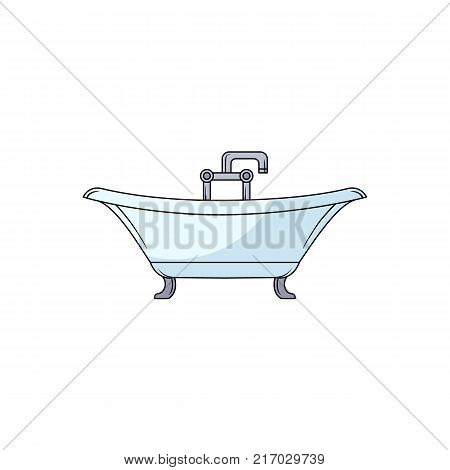 Side view clawfoot bathtub, bath tub with chrome faucet, hand drawn cartoon vector illustration isolated on white background. Side view drawing of bathtub with water facet and douche