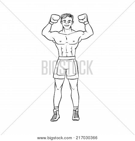 vector cartoon muscular strong handsome boxer man bare torso and chest standing with hands in boxing gloves raised up smiling like winner. Isolated illustration on a white background.