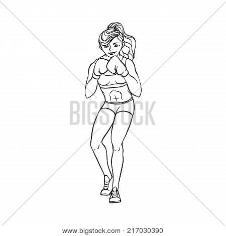 vector cartoon muscular strong cute beautiful woman, girl in boxing stand with box gloves in fighting position. Isolated illustration on a white background.