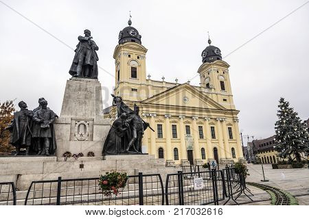 DEBRECEN, HUNGARY - DECEMBER 01, 2017: Kossuth square with Protestant Great Church in Debrecen city, Hungary.