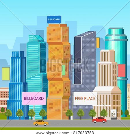 City, urban, downtown scene with skyscrapers, office buildings, billboards and road, flat vector illustration. Downtown city, high rise modern buildings and billboards, outdoor advertising concept