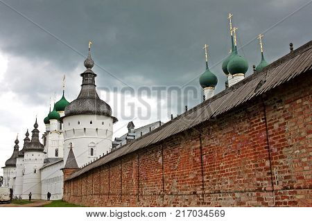 Rostov Russia - 18 July 2017: Towers of the Rostov Kremlin. Built in 1670-1683. View of domes wall and towers