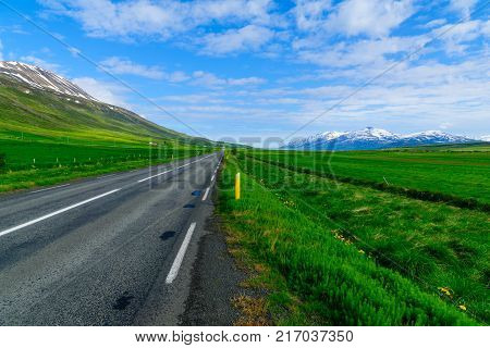 Landscape and countryside along road 82 and the Eyjafjordur fjord. Northern Iceland
