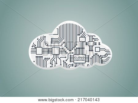 Cloud computing as example for digitilization - vector illustration of cloud with computer processor