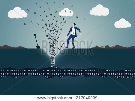 Business man drilling hole to find spring of information. Concept of successful data mining, big data and digitilization