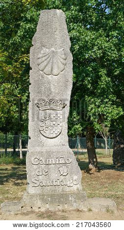 O PORRINO, SPAIN - SEPTEMBER 7, 2017: Pilgrimage memorial on the Camino de Santiago trail between O Porrino and Redondela on September 7, 2017 in Spain, Europe