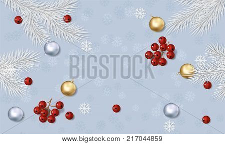 Christmas background with fir white branches and red rowan berry with gold and silver balls decorations. Vector illustration