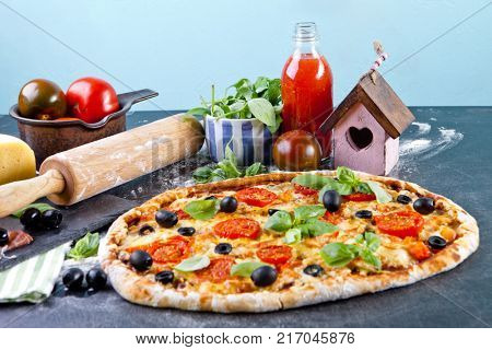 Delicious italian pizza served on wooden table