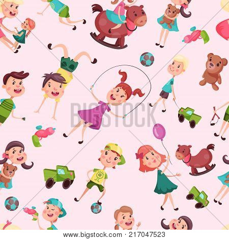 Seamless pattern with kids or children. Girl on skipping rope or holding air balloon, riding rocking horse, boy on handstand or with ball, lorry or car. Cartoon childhood, school, kindergarten theme