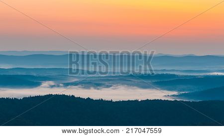 Foggy Landscape In Bieszczady Mountains, Poland, Europe