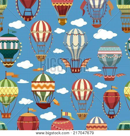 Hot air montgolfier balloons in sky with clouds. Old or vintage, retro flying striped transport for journey or travel, tourism trip. Airship recreation or leisure. Outdoor sport theme.