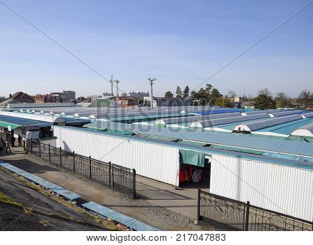 Slavyansk-on-kuban Russia - November 8 2016: Covered Market In The City. Rows Of Sales Outlets. View