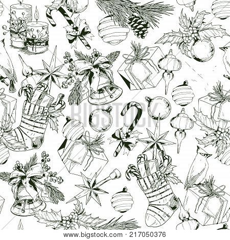 Sketches of sweeties for merry christmas and decorations for 2018 new year fir tree. Bell and sock with candies, bird and candle items and accessories for happy festive. Holidays and winter theme