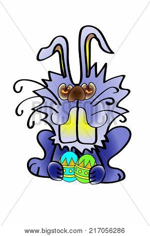 Easter Bunny with eggs and drawing on them. Vector cartoon illustration isolated on background. Cute Bunny character for the holiday.