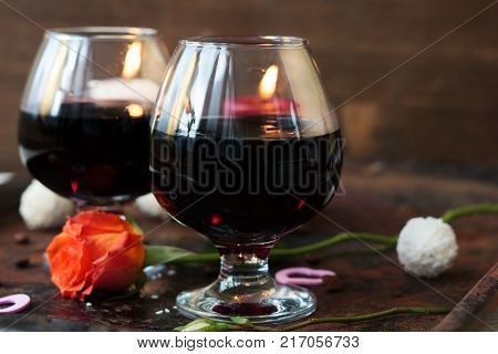 Romantic dinner concept - wine in glasses for lovers