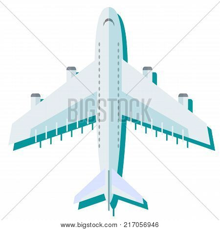Airplane in the air vector illustration. Flying an airplane with a shadow underneath. Airplane view from above isolated from the background.