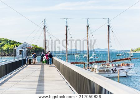 Bar Harbor, Usa - June 8, 2017: Sunset In Bar Harbor, Maine Village With Empty Sailing Boats, Vessel