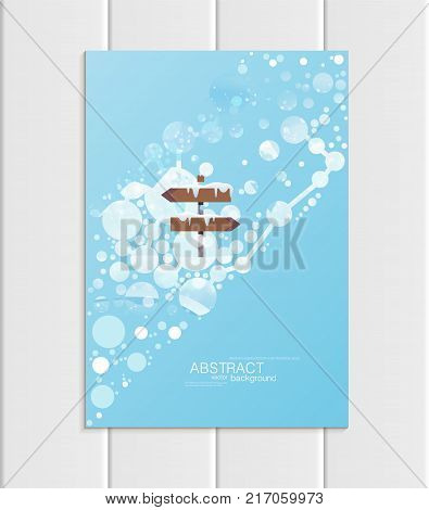 Stock vector brochure A5 or A4 format design Christmas template, abstract circles, winter landscape New Year 2018 with road sign in snow glow full moon night background for printed material