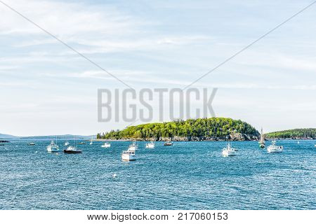 Bar Harbor, Usa - June 8, 2017: Sunset In Bar Harbor, Maine Village With Empty Sailing Boats, Vessel