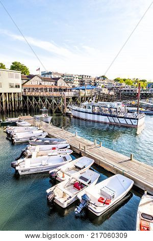 Bar Harbor, Usa - June 8, 2017: Sunset In Bar Harbor, Maine Village With Empty Sailing Boats, Vessel