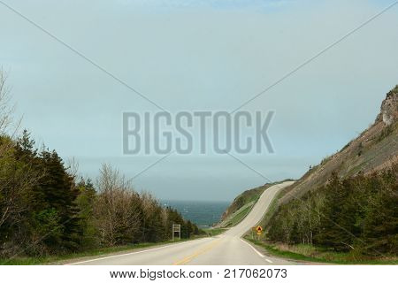 Panorama of Cabot Trail and seashore in Nova Scotia