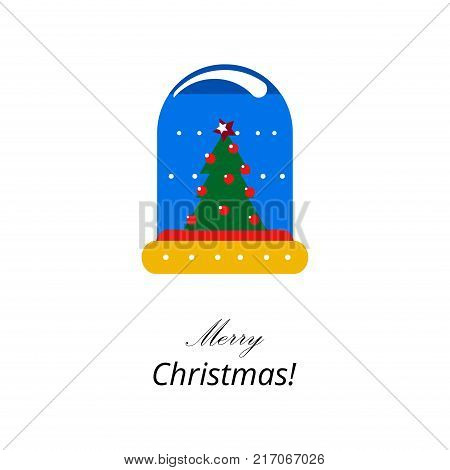 Merry Christmas time cartoon flat illustration design with toy of snow globe with Christmas tree isolated on white background. Traditional xmas gift in flat style. Isolated on white background