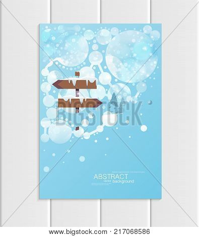 Stock vector brochure A5 or A4 format design Christmas template, abstract circles, winter landscape New Year 2018 with road sign in snow glow full moon night background for printed material