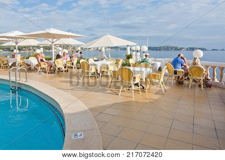 CALA FORNELLS MALLORCA BALEARIC ISLANDS SPAIN - SEPTEMBER 27 2016: Tortuga restaurant Art Nouveau style Cala Fornells on a sunny day on September 27 2016 in Cala Fornells Mallorca Balearic islands Spain.