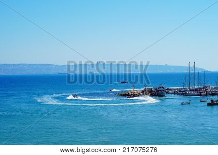 View from old city of Acre (Akko Acco) with the marine and open sea Israel.