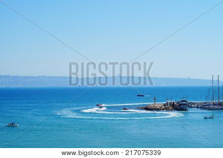 View from old city of Acre (Akko Acco) with the marine and open sea Israel.