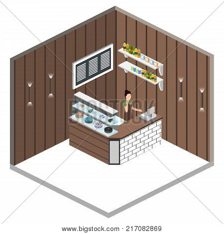 Isometric 3D Vector Illustration Design Interior Coffee Shop, Coffee Shop With Waitresses And Cakes