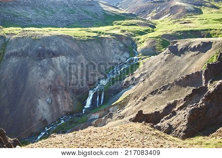 Valley of the river of Hveragerdi Iceland. Hiking Tour of Reykjadalur Hot Springs
