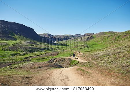Valley of the river of Hveragerdi Iceland. Hiking Tour of Reykjadalur Hot Springs