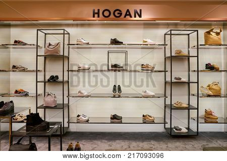 ROME, ITALY - CIRCA NOVEMBER, 2017: Hogan shoes on display at a second flagship store of Rinascente in Rome.