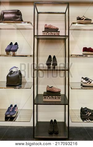 ROME, ITALY - CIRCA NOVEMBER, 2017: Hogan shoes on display at a second flagship store of Rinascente in Rome.