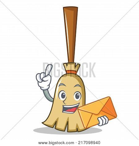 With envelope broom character cartoon style vector illustration