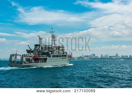 Pattaya Thailand - November 9 2017 Navy warship running on sea on the 50th anniversary ASEAN international fleet review 2017 drill in Pattaya Thailand