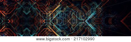 Abstract technological background made of different element printed circuit board. Depth of field effect and bokeh can be used as digital dynamic wallpaper. 3d Rendering