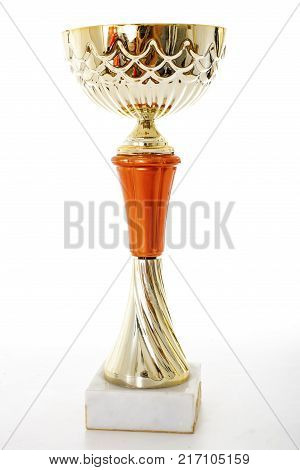 Gold trophy photo on isolated white studio background. Victory.