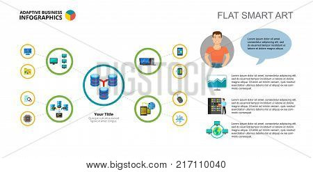 Four branches mind map slide template. Business data. Database, network, design. Creative concept for infographic, project. Can be used for topics like IT, Internet, technology.