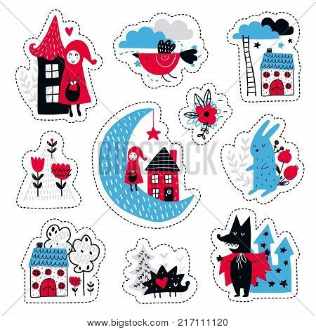 Fairytale cute elements. Color vector stickers. Illustration with girl and wolf. Design for prints and cards.