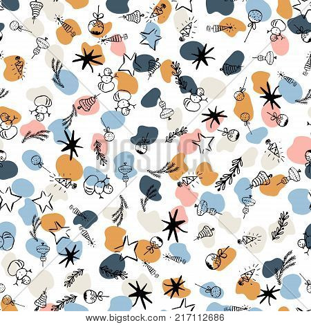 Seamless vector hand-drawn pattern. An image of Christmas toys, a snowman and a Christmas tree on a background of colored spots