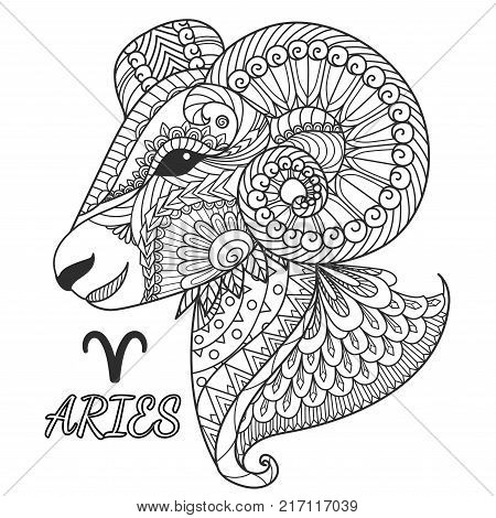 Zen art design of Aries zodiac sign for design element and coloring book page.